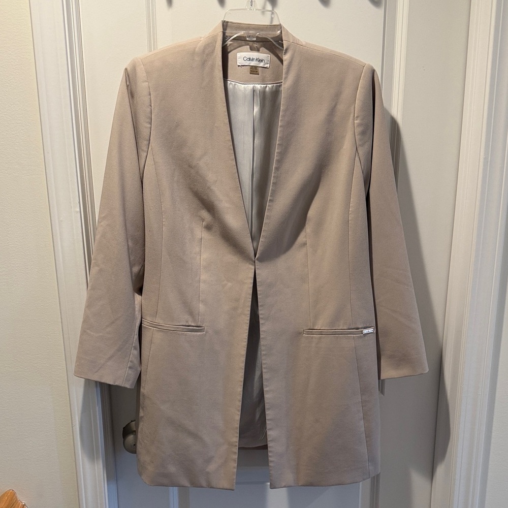Calvin Klein Light Taupe Open Front Long Blazer